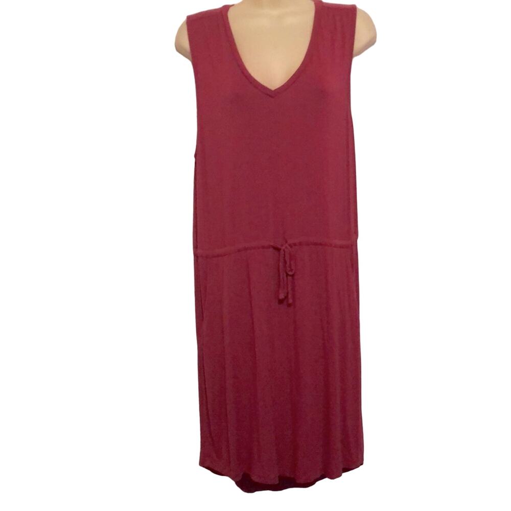 Simply Styled Dark Red Knit Dress with pockets woman Size Large Tie Waist Comfy
